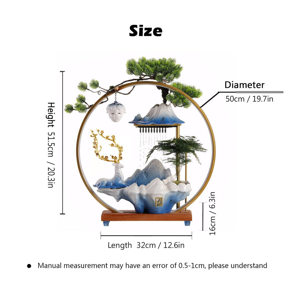 Waterfall Fountain Indoor with Mist, Tabletop Water Fountain,Desk Chinese Ceramic Pixiu Statue with LED Light Ring and Backflow Incense Burner Holder