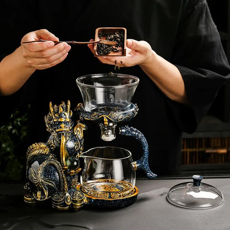 Glass Teapot Set with Infuser Semi Automatic Dragon Tea Set with 6 Small Cups (red golden dragon-b)