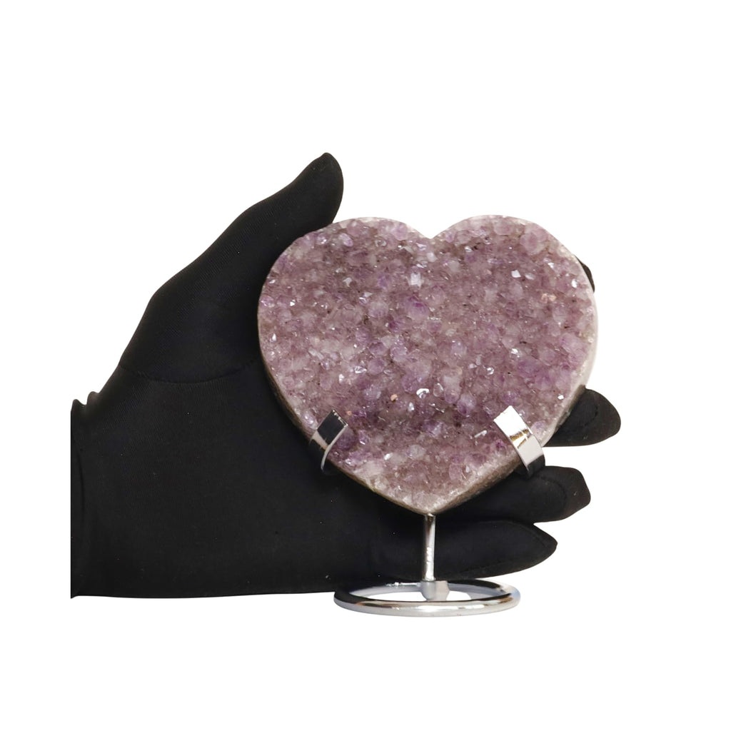 Hand-carved Amethyst Heart Cluster with Stand, Natural Raw Crystal Heart Stone 1–7 Inch tall (50g–1200g), Reiki Healing Gemstone, Love, spiritual Valentine Gift. (200-350 Grams-1.5 to 2.5" tall)