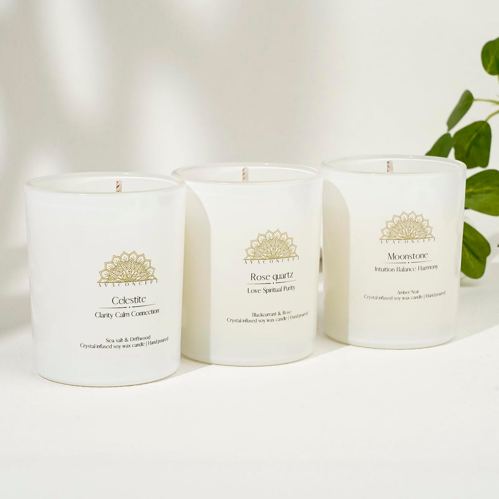 AVACONCEPT Crystal Infused Soy Wax Candle Gift Set Aromatherapy Scented Candles with Healing Crystals Natural Hand-Poured Luxury for Relaxation & Home Décor (Sunstone & Amethyst & Amazonite)