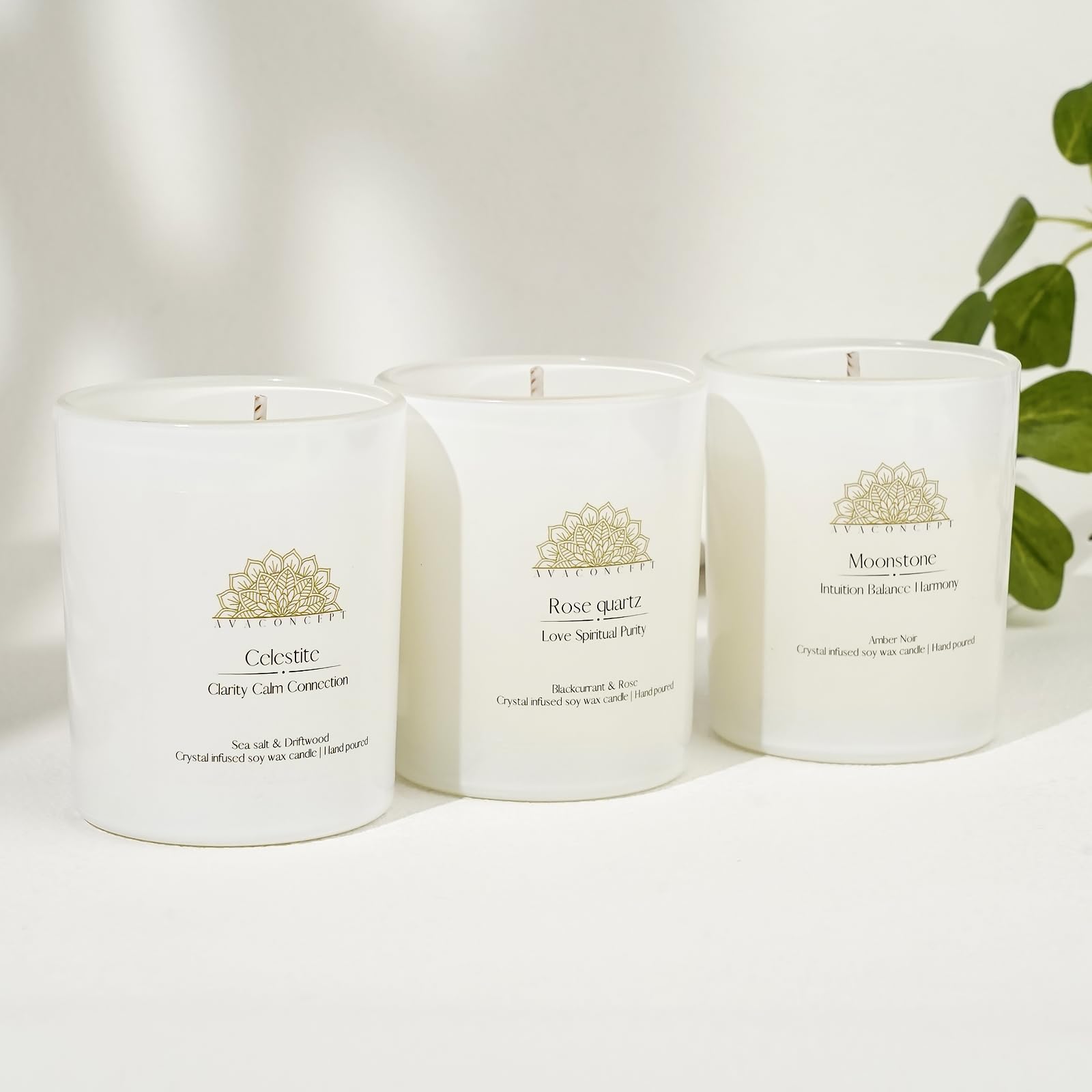 AVACONCEPT Crystal Infused Soy Wax Candle Gift Set Aromatherapy Scented Candles with Healing Crystals Natural Hand-Poured Luxury for Relaxation & Home Décor (Sunstone & Amethyst & Amazonite)