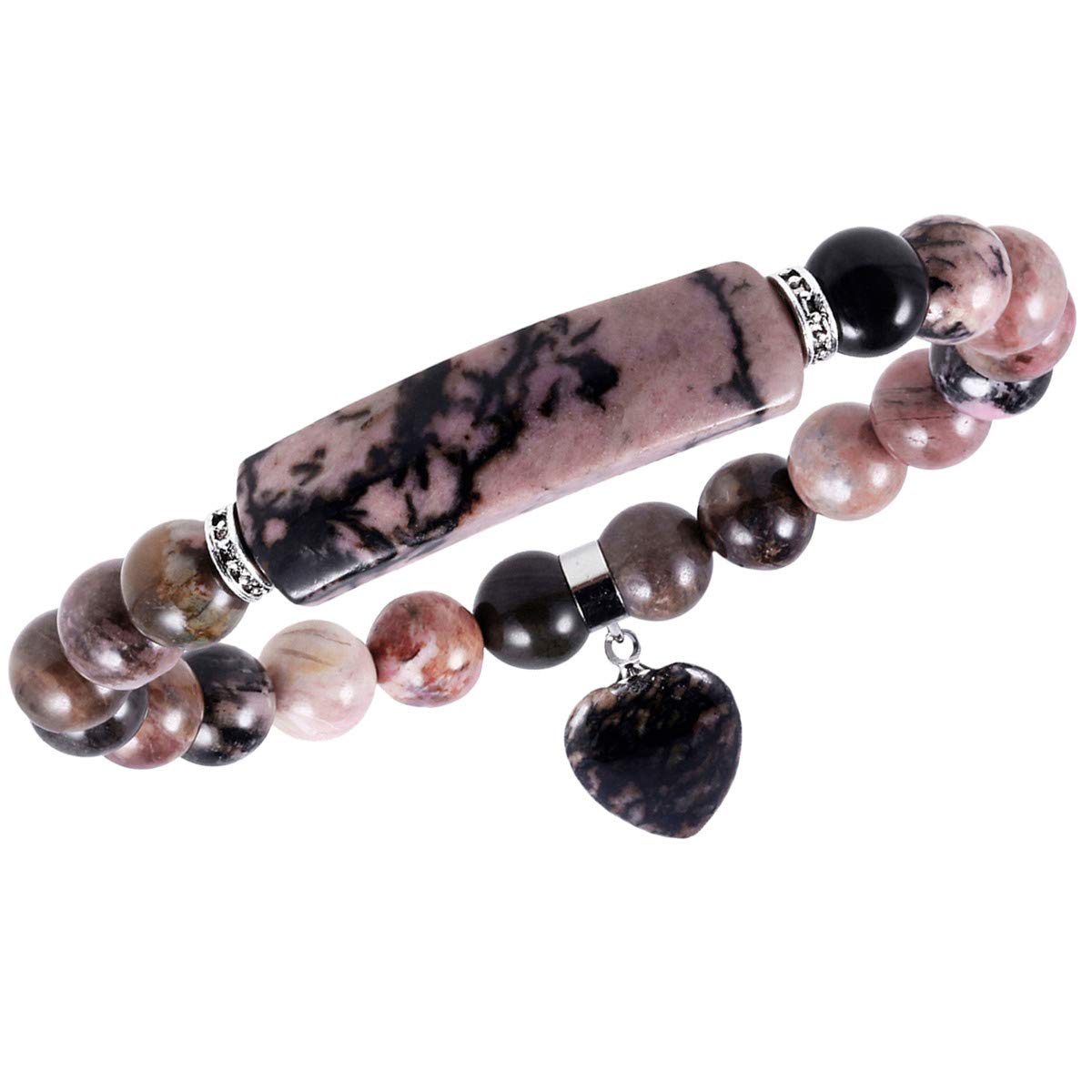 TUMBEELLUWA Healing Stone Bracelet 8mm Beads Chakra Crystal Energy Heart Charm Bracelet Handmade Jewelry for Women