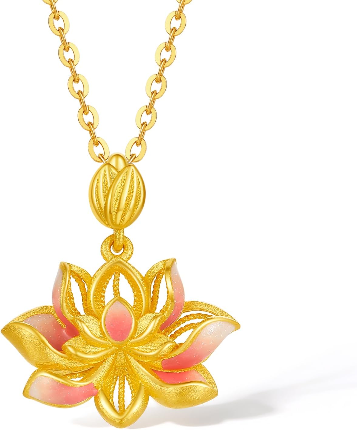 ZHOU LIU FU 24K Solid Gold Lotus Flower Pendant Real Gold Pink Enamel Floral Pendants Jewelry Wedding Birthday Gifts for Women Mom Wife Birthday Anniversary (Not Included Neccklace) A0414636