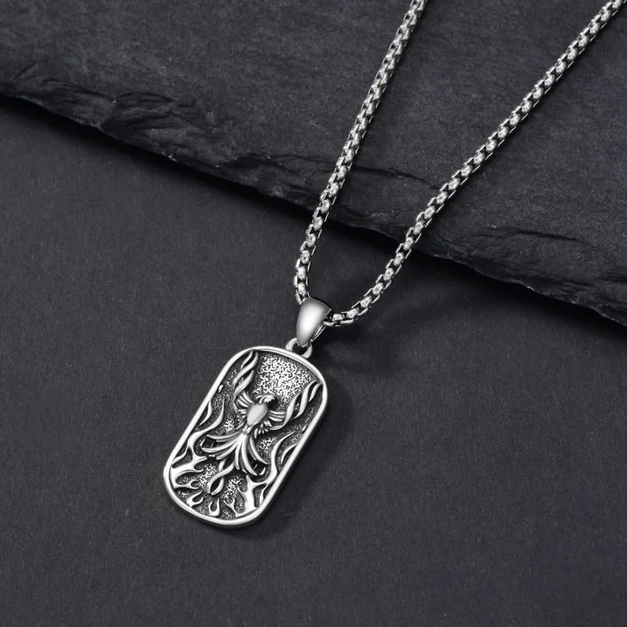 PELOVNY Phoenix Necklace 925 Sterling Silver Shield/Sword/Crystal/Tarot Card/Dog Tag/Cross/Abalone/Axe Pendant Rising Bird Jewelry for Anniversary Birthday Christmas Gifts Men Women