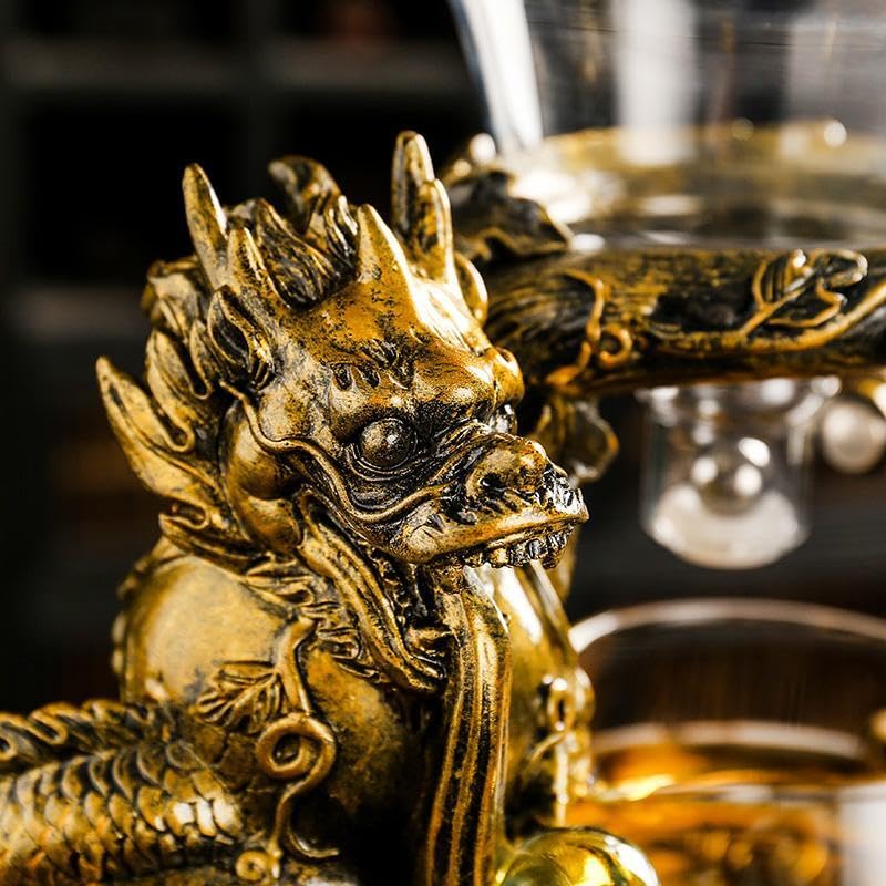 Glass Teapot Set with Infuser Semi Automatic Dragon Tea Set with 6 Small Cups (red golden dragon-b)