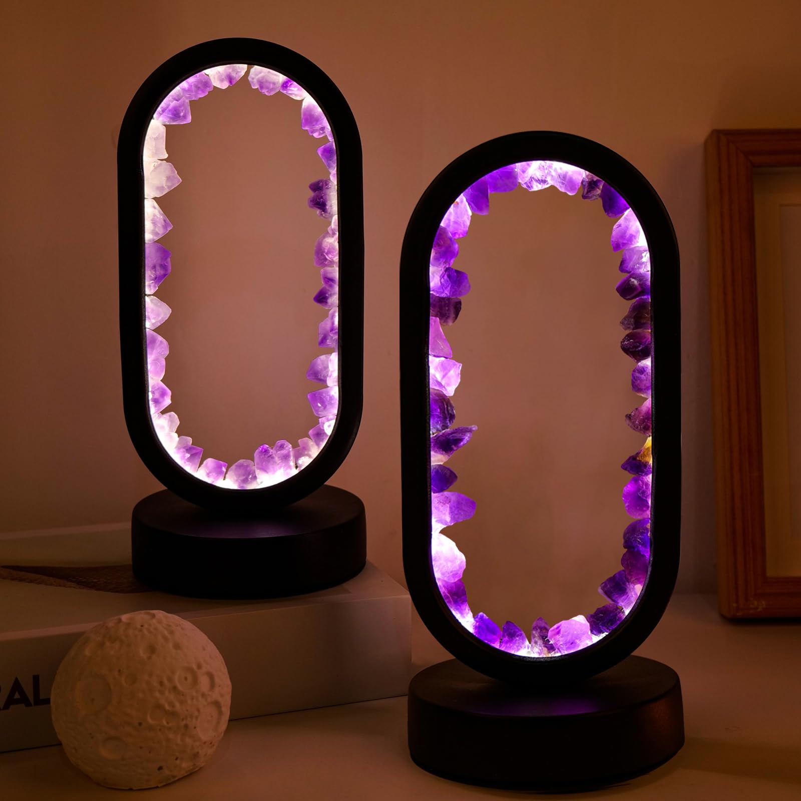 Runyangshi Amethyst Night Lamp 8.6" Natural Healing Crystal Bedside Lamp USB Port 3 Colours Dimming Mode Bedroom Lamp Suitable Night Light for Living Room Bedroom Office Home Decor Ideal Gift