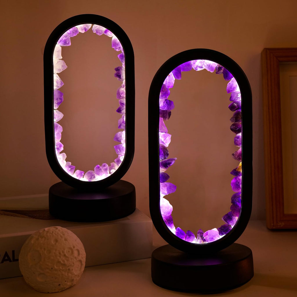 Runyangshi Amethyst Night Lamp 8.6" Natural Healing Crystal Bedside Lamp USB Port 3 Colours Dimming Mode Bedroom Lamp Suitable Night Light for Living Room Bedroom Office Home Decor Ideal Gift