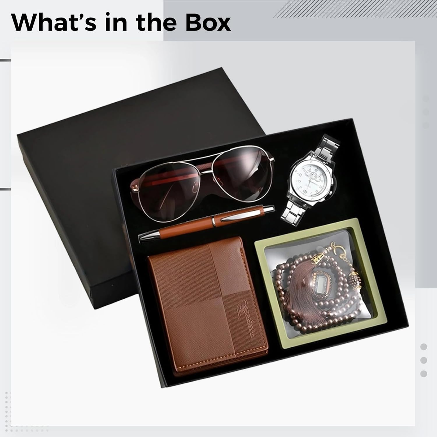 Elegant 6 Pcs Prayer Gift Set: Wallet, Watch, Sunglasses, Pen, Beads, Finger Counter for Eid