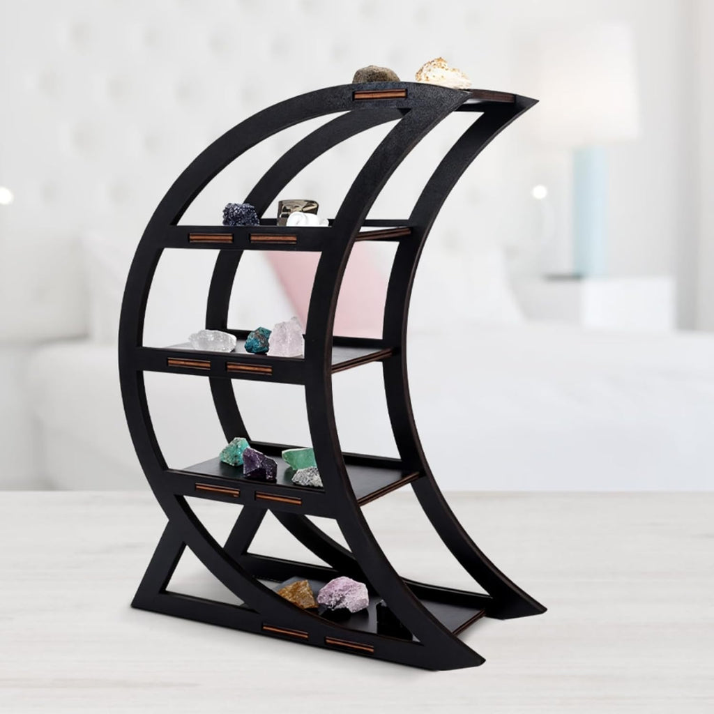 Crescent Wooden Crystal Display Organizer, Tiered Moon Phase Shelf for Crystal Healing Stones Minerals Collectibles, Home Decor