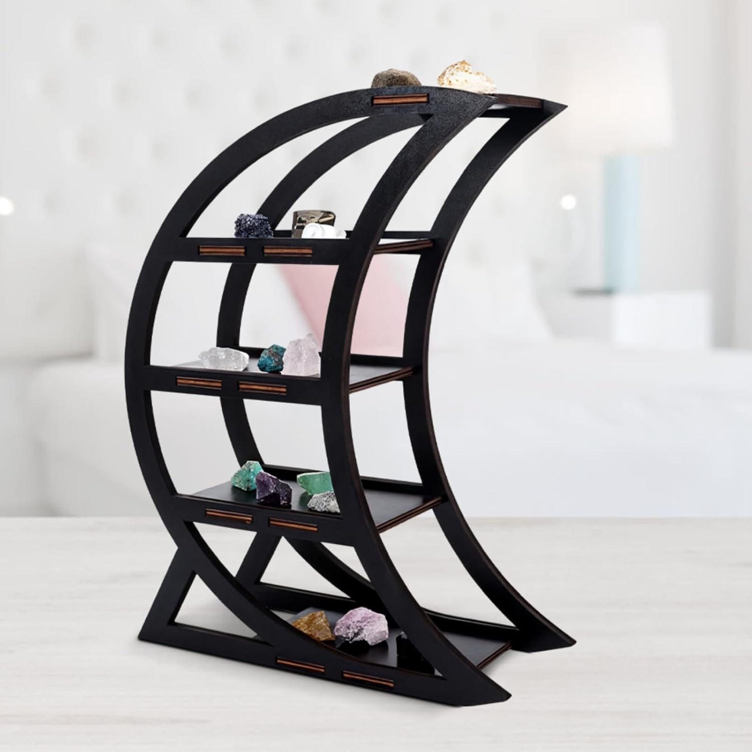 Crescent Wooden Crystal Display Organizer, Tiered Moon Phase Shelf for Crystal Healing Stones Minerals Collectibles, Home Decor