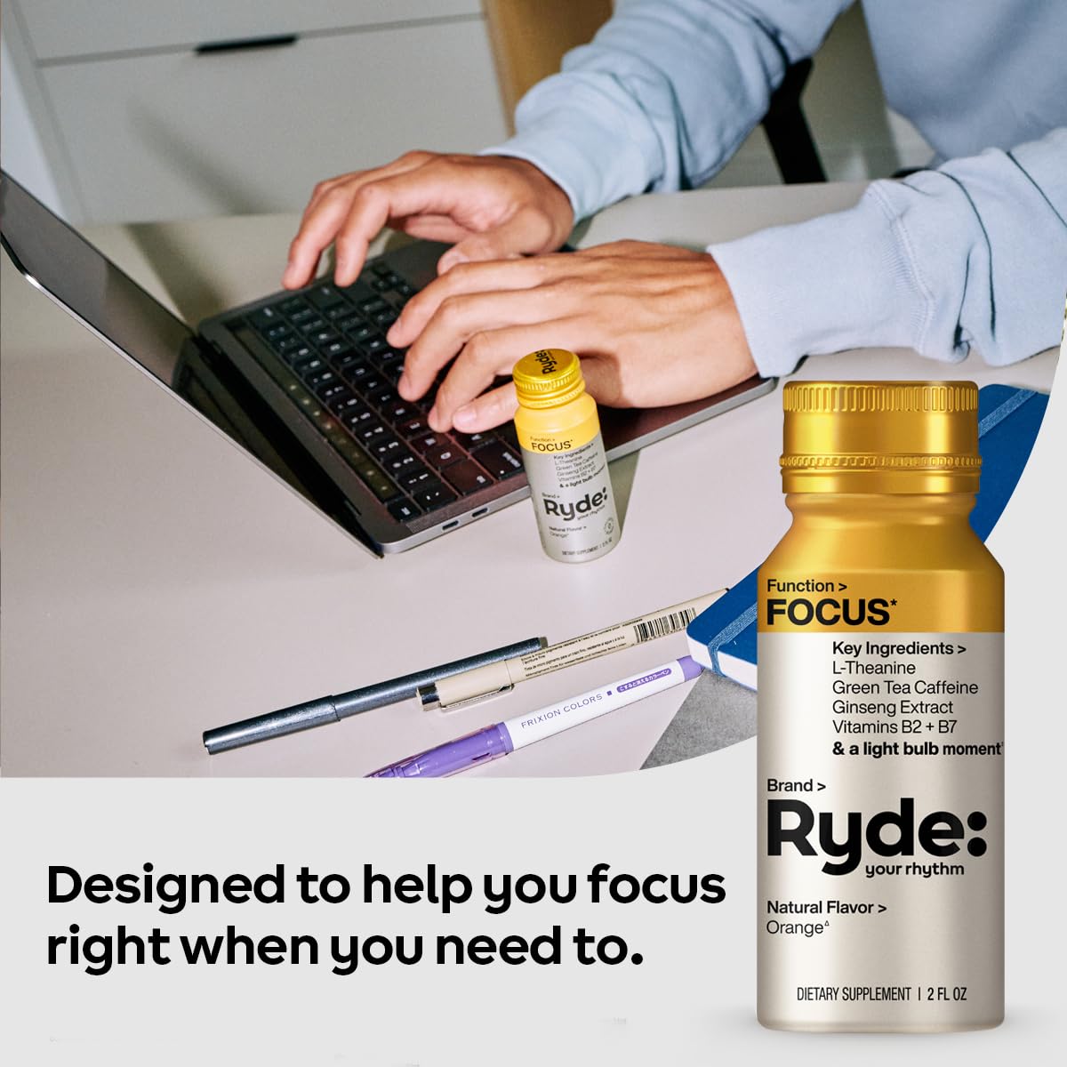 Ryde: Energize Shot | Tropical Flavor | Green Tea Caffeine, Taurine, Ginseng Extract & B Vitamins | 0 Calories, 0 Sugar | 2 FL OZ Shots | Boosts energy* (8 Pack)