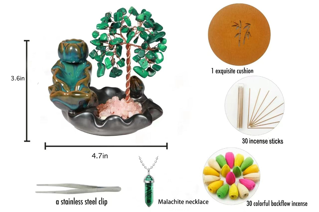 Waterfall Burner, Crystal Tree Backflow Incense Holder, with 30 Incense Cones, 30 Incense Stick, 1 Healing Crystal Necklace, Aromatherapy Anxiety Relief Items, Mom Gifts for Christmas
