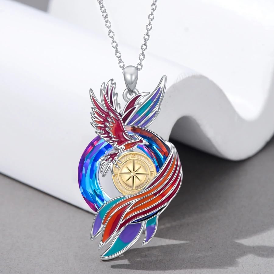 PELOVNY Phoenix Necklace 925 Sterling Silver Shield/Sword/Crystal/Tarot Card/Dog Tag/Cross/Abalone/Axe Pendant Rising Bird Jewelry for Anniversary Birthday Christmas Gifts Men Women