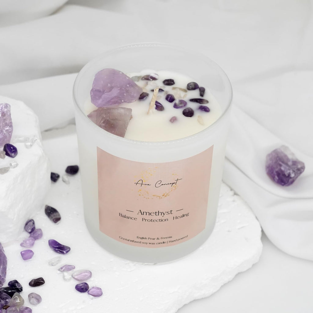 AVACONCEPT Crystal Infused Soy Wax Candle Gift Set Aromatherapy Scented Candles with Healing Crystals Natural Hand-Poured Luxury for Relaxation & Home Décor (Sunstone & Amethyst & Amazonite)