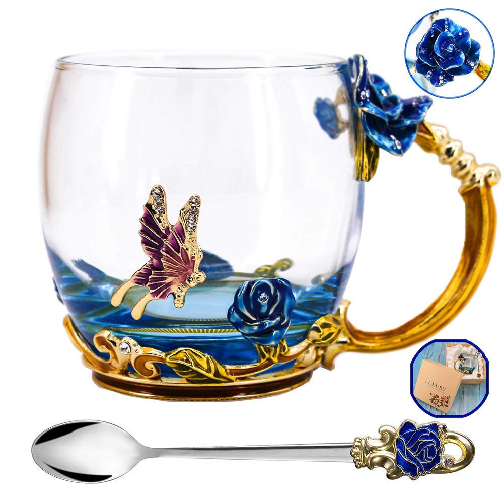 Luka Tech Enamel flower Lead-free Glass Coffee Mugs Tea Cup with Steel Spoon, Best Birthday Gifts For Women Wife Mom Friends Mothers Valentines Day Christmas (Purple-Tall)