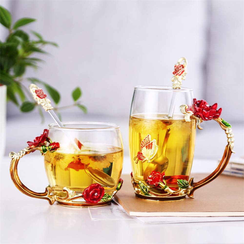 Luka Tech Enamel flower Lead-free Glass Coffee Mugs Tea Cup with Steel Spoon, Best Birthday Gifts For Women Wife Mom Friends Mothers Valentines Day Christmas (Purple-Tall)