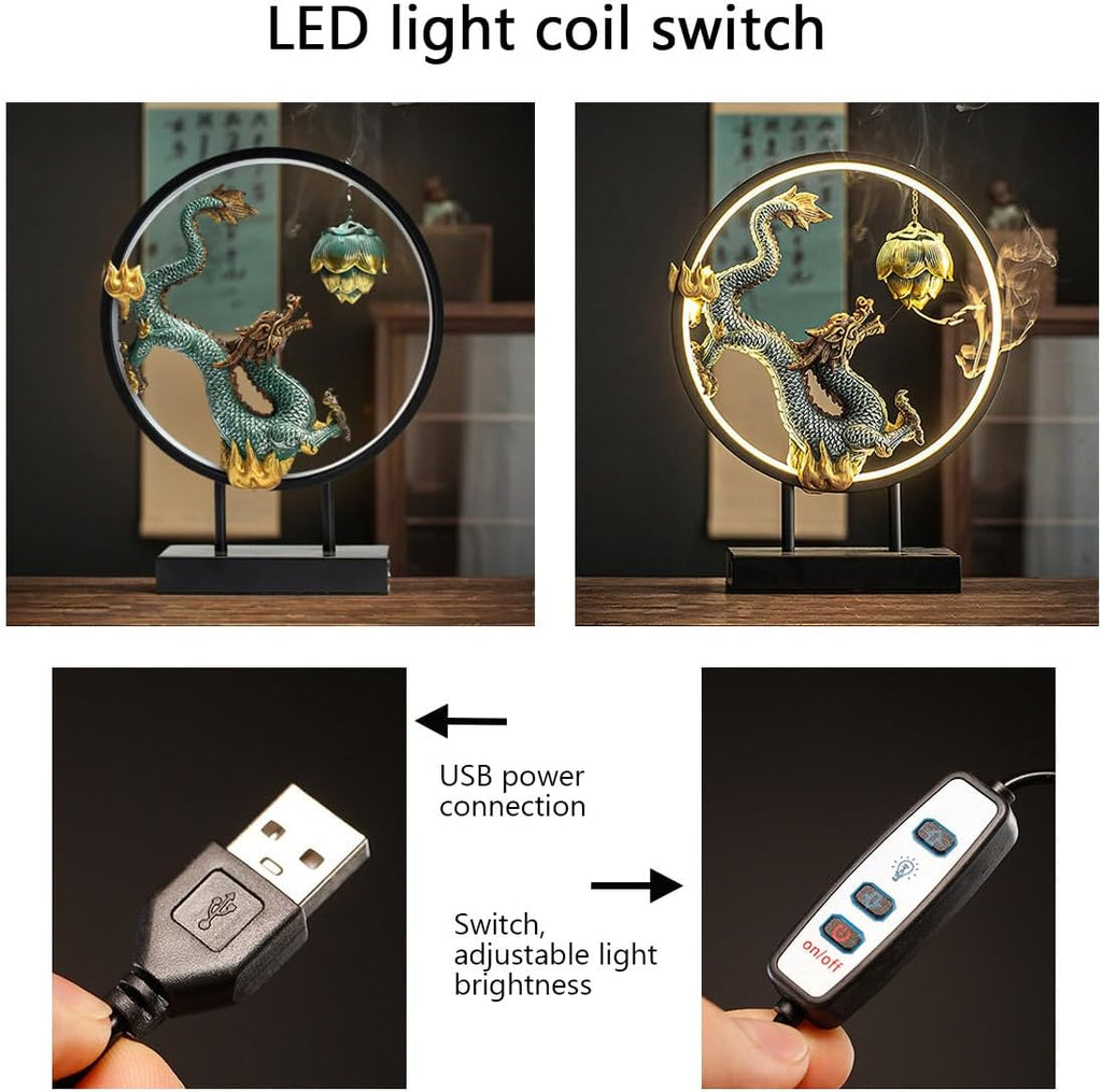 Chinese Ceramic Dragon Statue Backflow Incense Burner Sculpture with USB Power, LED Light Ring,Adjustable Brightness (BJL002)