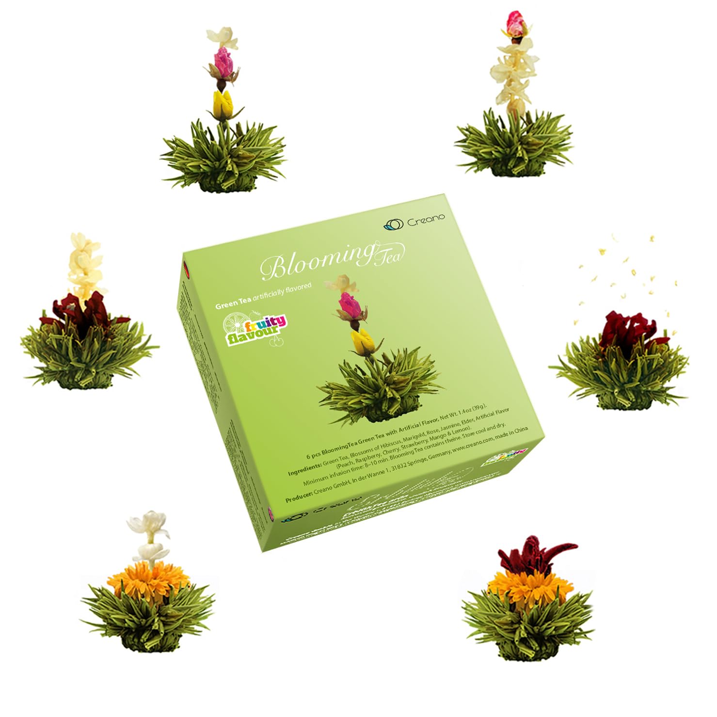 Creano Blooming Tea Gift Set with Glass Teapot 17oz (500ml) - Green Tea Fruity Flavoured Tea Flowers in 6 Varieties - Flowering Tea Gift for Easter