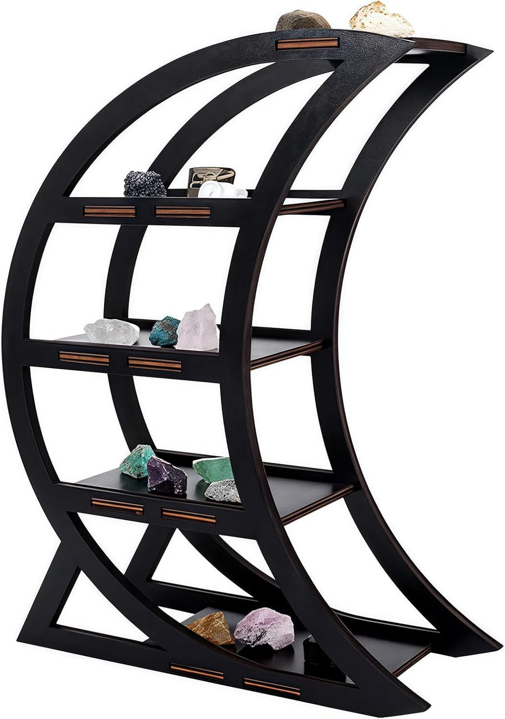 Crescent Wooden Crystal Display Organizer, Tiered Moon Phase Shelf for Crystal Healing Stones Minerals Collectibles, Home Decor