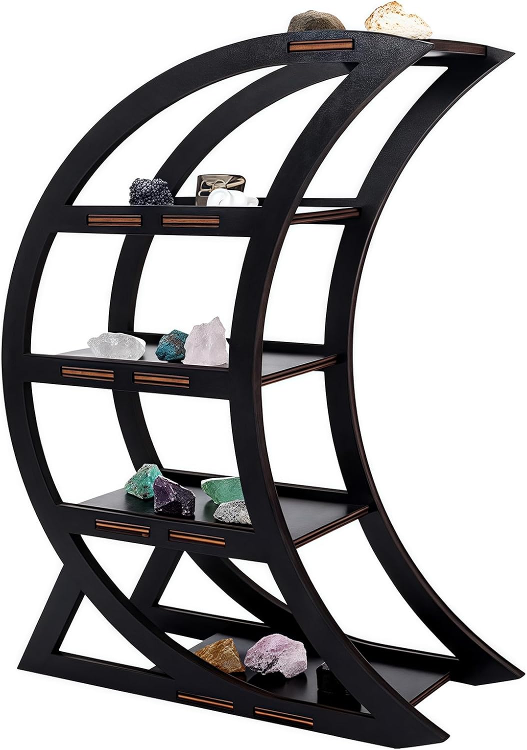 Crescent Wooden Crystal Display Organizer, Tiered Moon Phase Shelf for Crystal Healing Stones Minerals Collectibles, Home Decor