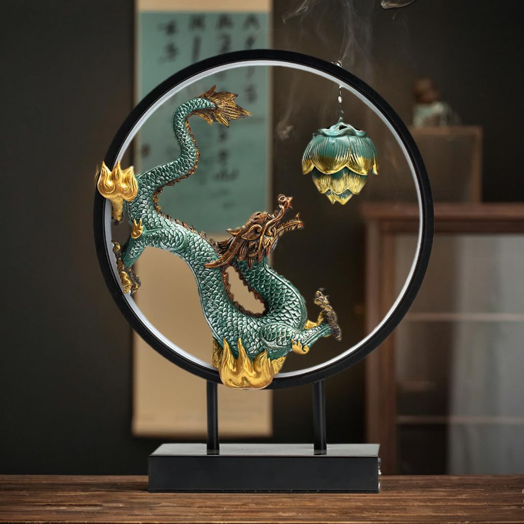 Chinese Ceramic Dragon Statue Backflow Incense Burner Sculpture with USB Power, LED Light Ring,Adjustable Brightness (BJL002)