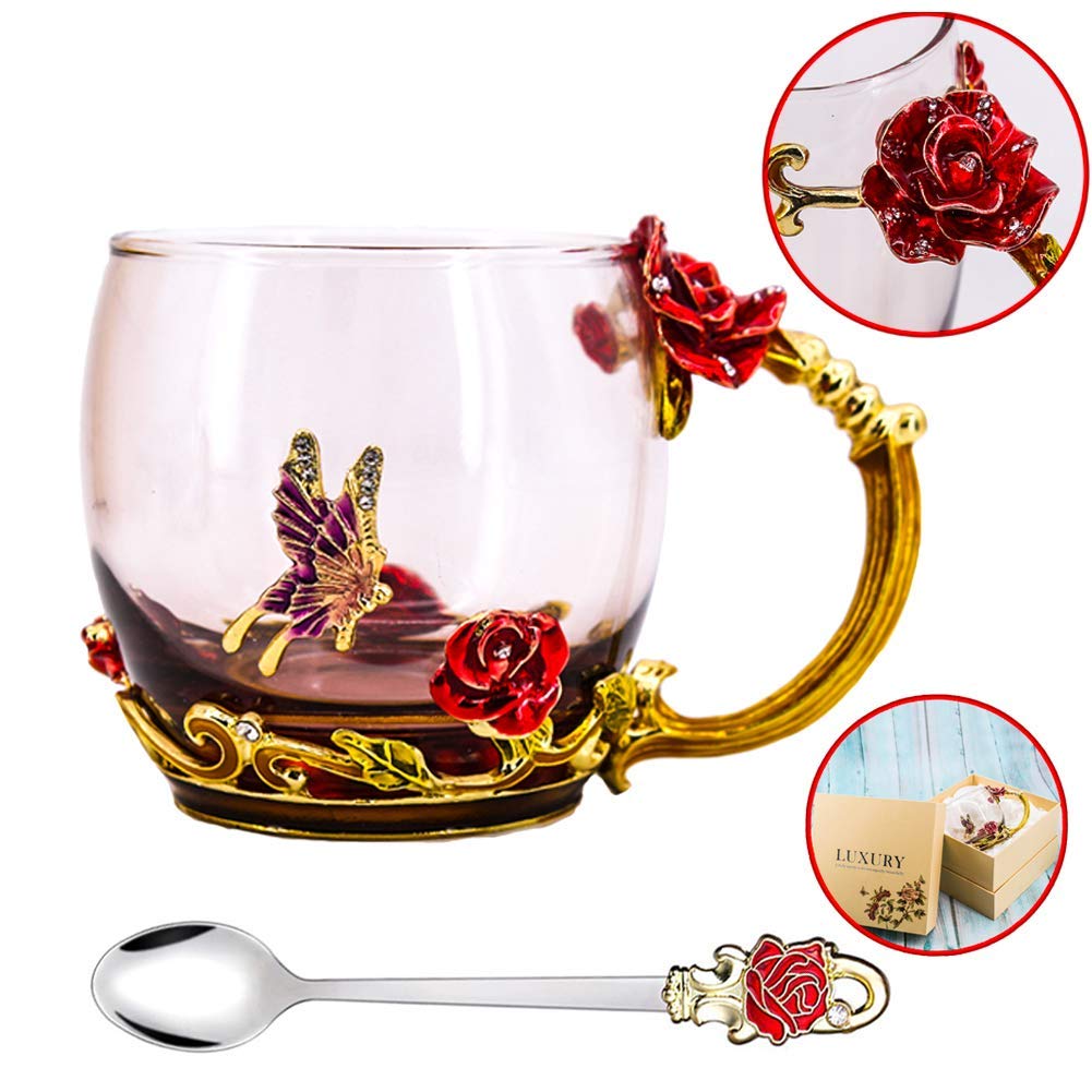 Luka Tech Enamel flower Lead-free Glass Coffee Mugs Tea Cup with Steel Spoon, Best Birthday Gifts For Women Wife Mom Friends Mothers Valentines Day Christmas (Purple-Tall)