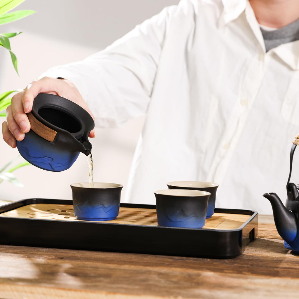 LURRIER Gongfu tea sets, Portable Ceramic TeaSet, Asian Tea sets for adult, Tea Gift sets, Grey leather case, Portable Travel Bag,Home,Gifting,Outdoor and Office(Black)