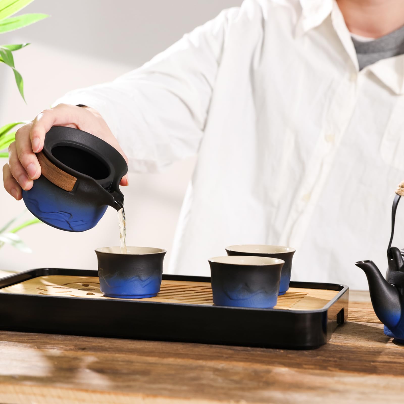 LURRIER Gongfu tea sets, Portable Ceramic TeaSet, Asian Tea sets for adult, Tea Gift sets, Grey leather case, Portable Travel Bag,Home,Gifting,Outdoor and Office(Black)