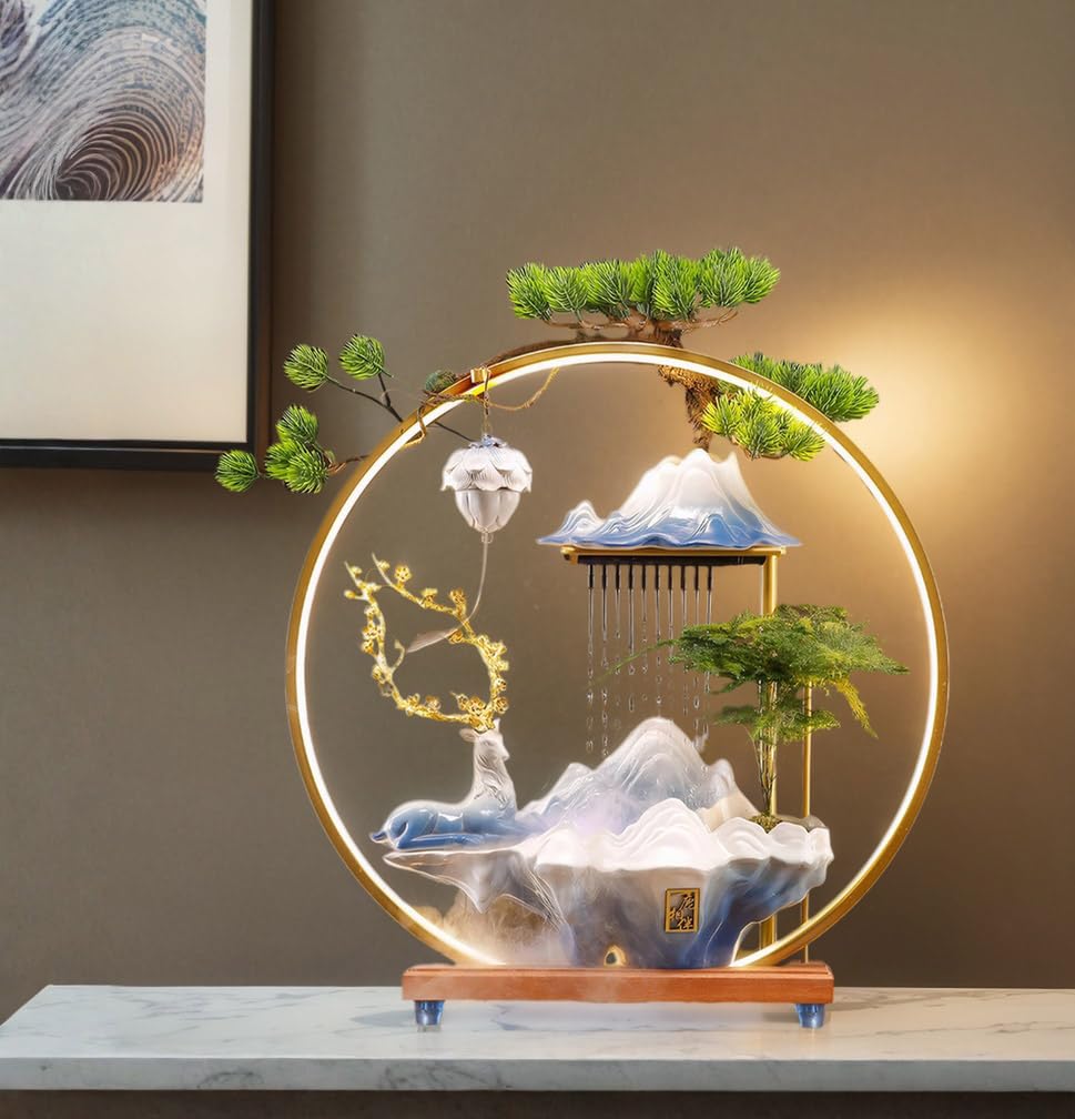 Waterfall Fountain Indoor with Mist, Tabletop Water Fountain,Desk Chinese Ceramic Pixiu Statue with LED Light Ring and Backflow Incense Burner Holder