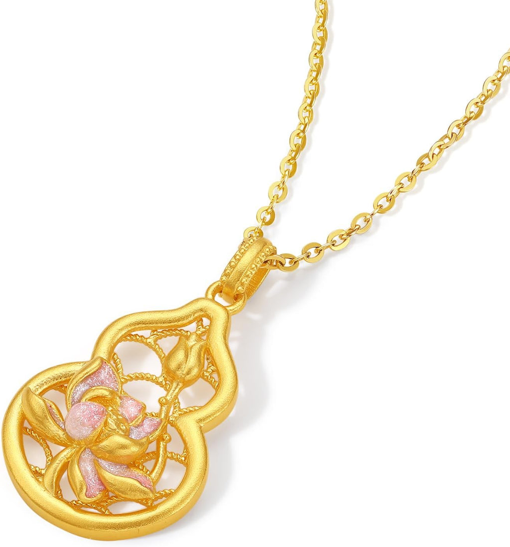 ZHOU LIU FU 24K Gold Pendant Gourd Pendants Fashion Lotus Flower Gold Pendant Dainty Jewelry for Women Mom Daughter Birthday Anniversary (Not Included Neccklace) A0414665