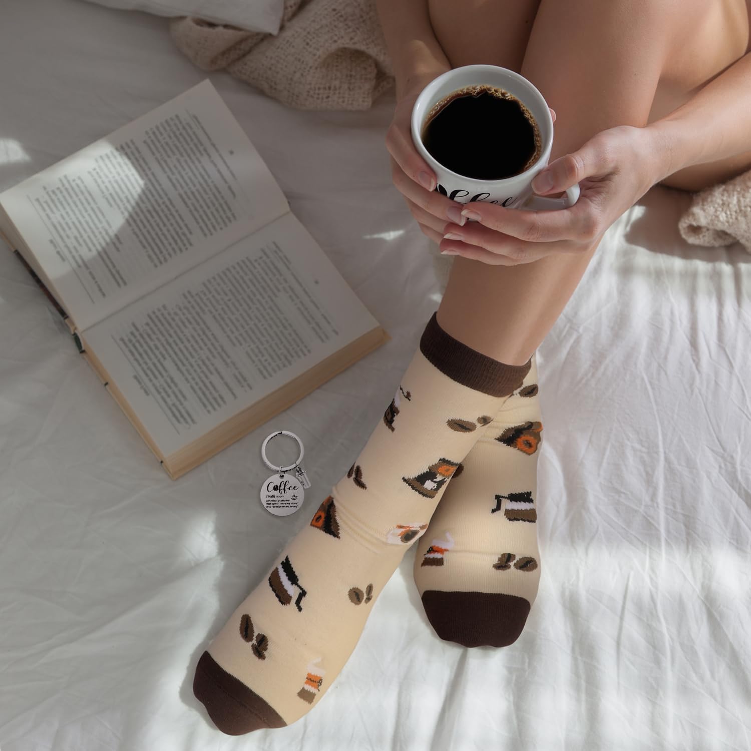 iAOVUEBY Coffee Gifts, 6PCS Coffee Gift Basket, Coffee Lover Gift Set Includes Coffee Mug Spoon Rest Holder Coffee Socks Keychain, Birthday Christmas Gift for Women Men Coffee Lover Friends