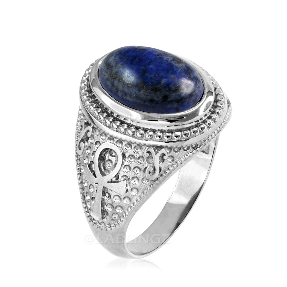 Sterling Silver Egyptian Ankh Cross Lapiz Lazuli Gemstone Ring