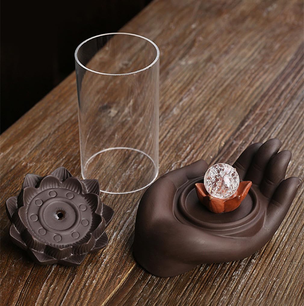 Purple Sand Smoke Waterfall Backflow Incense Burner Creative Windshield Buddha Hand Lotus LED Lamp Aroma Censer Holder for Home Yoga Room Decoration (LED)