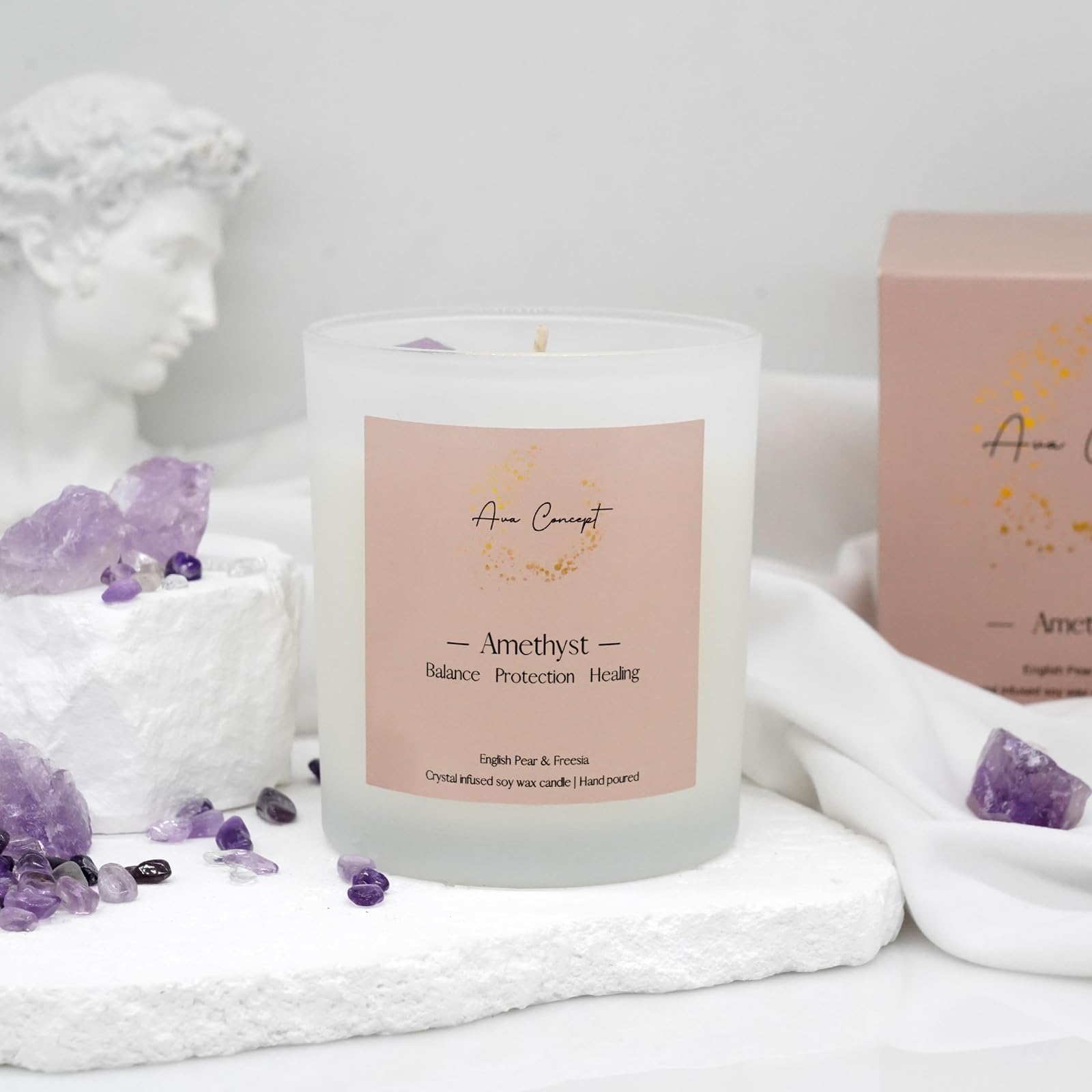 AVACONCEPT Crystal Infused Soy Wax Candle Gift Set Aromatherapy Scented Candles with Healing Crystals Natural Hand-Poured Luxury for Relaxation & Home Décor (Sunstone & Amethyst & Amazonite)