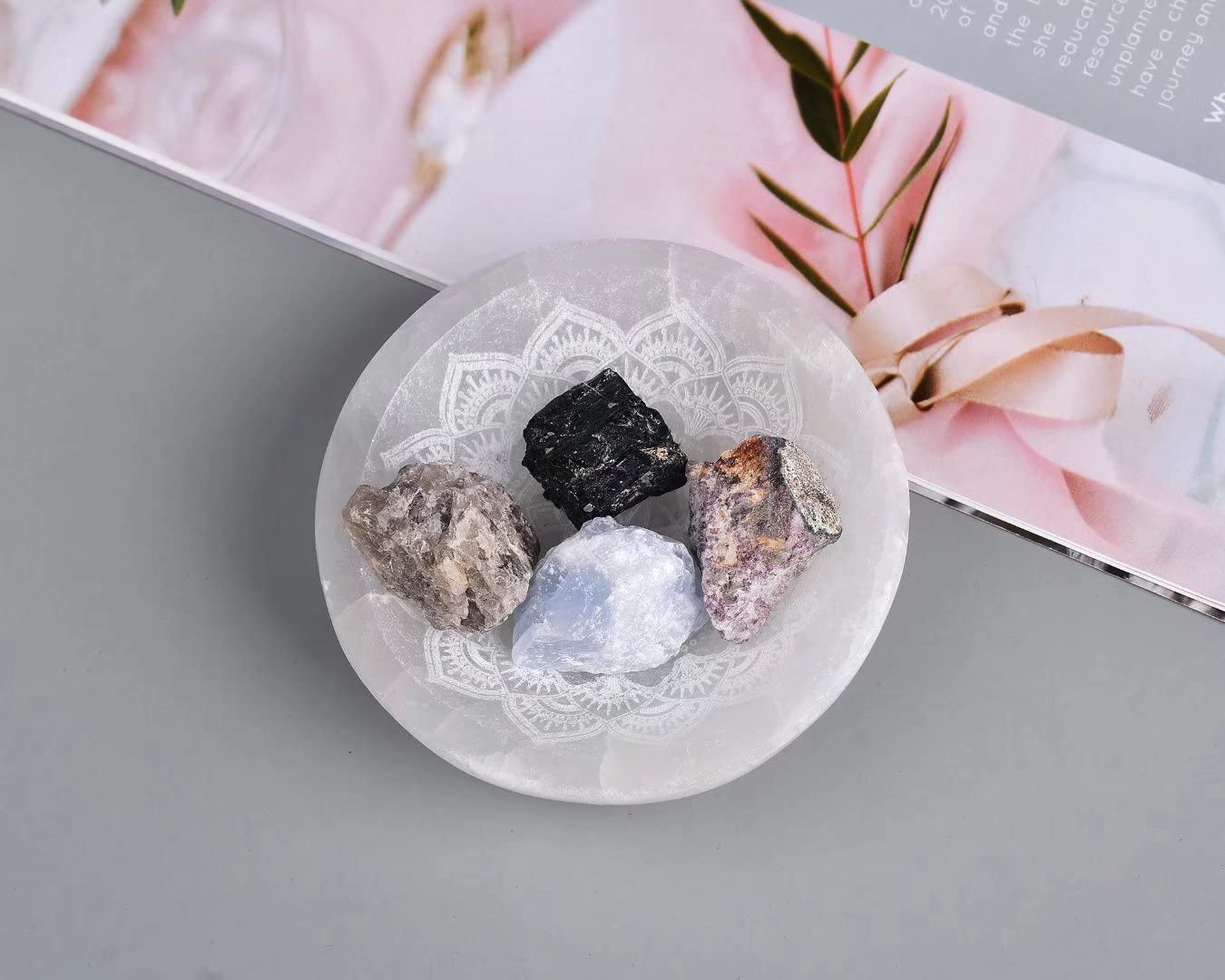 AMOYSTONE Natural Selenite Charging Bowl with Mandala Engraving 3.5-4'' Energy Cleansing Crystal Plate for Healing Meditation and Spiritual Home Decor
