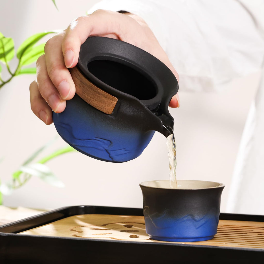 LURRIER Gongfu tea sets, Portable Ceramic TeaSet, Asian Tea sets for adult, Tea Gift sets, Grey leather case, Portable Travel Bag,Home,Gifting,Outdoor and Office(Black)