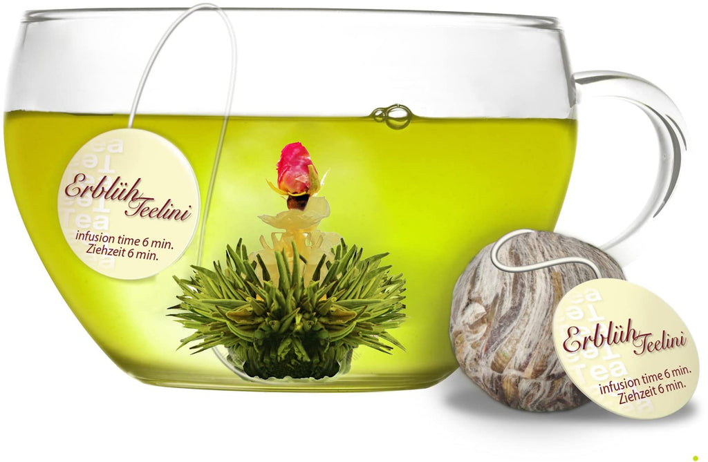 Creano Blooming Tea Gift Set with Glass Teapot 17oz (500ml) - Green Tea Fruity Flavoured Tea Flowers in 6 Varieties - Flowering Tea Gift for Easter
