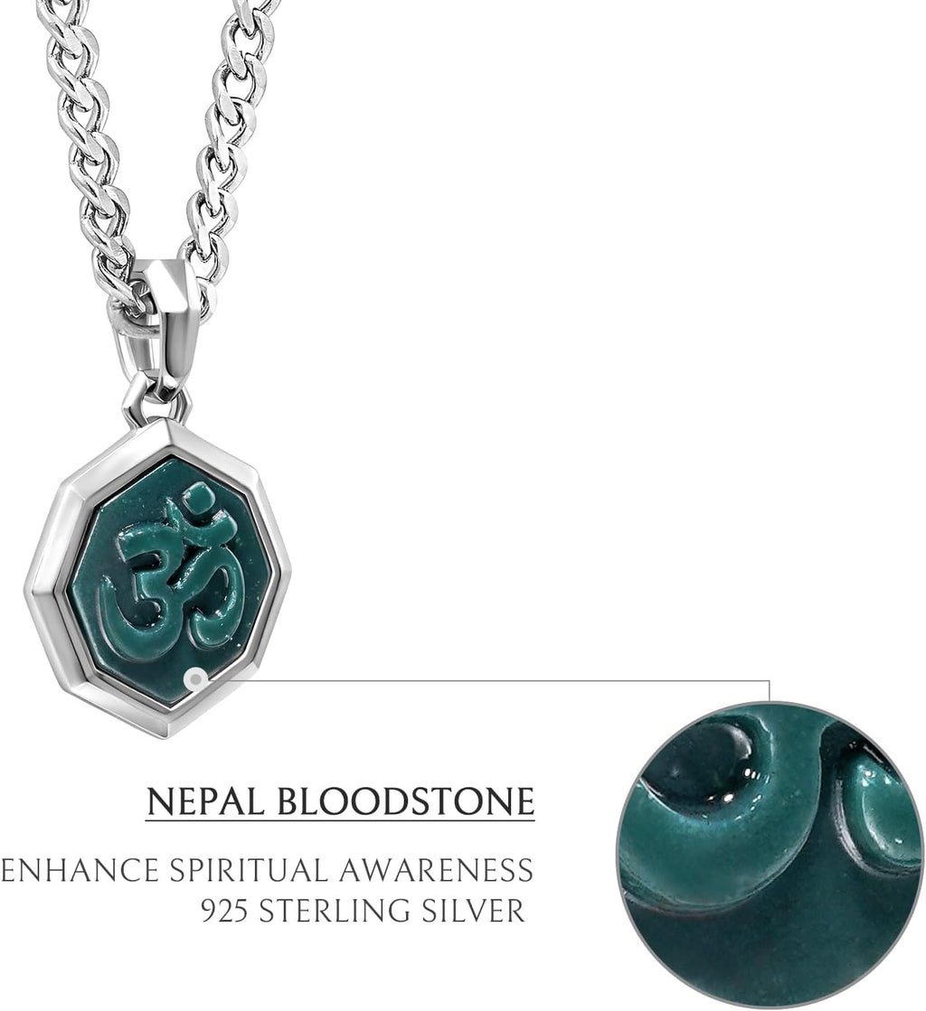 AWNL Bloodstone Pendant Necklace for Men Natural Gemstone Premium Men’s Sterling Silver Hexagonal Necklace with Stainless Steel Chain 24 Inch
