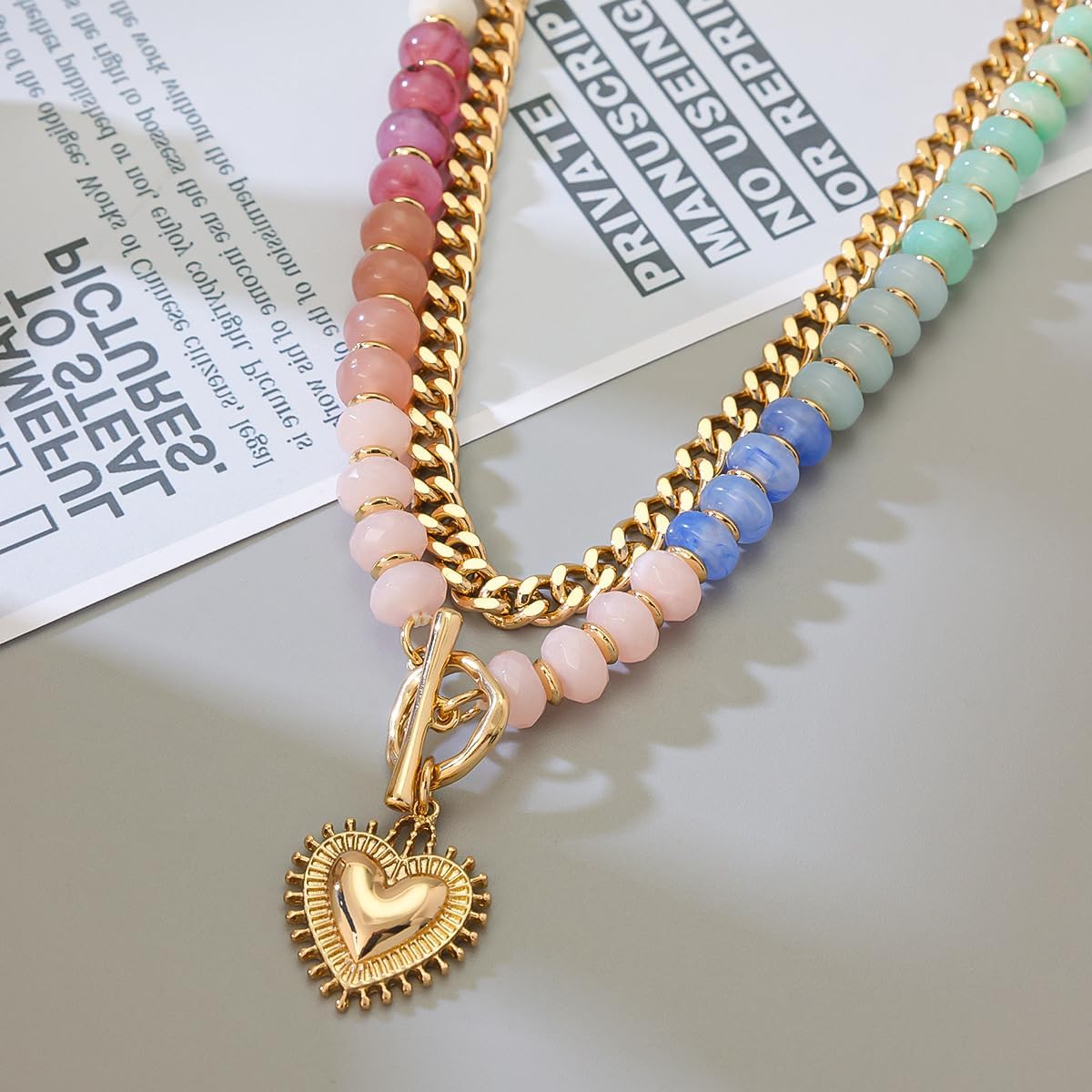 Layered Necklaces for Women, 14K Gold Plated Heart Pendant & Colorful Acrylic Beaded Choker, Cute Trendy Jewelry, Anti-Tangle Single Clasp Design, Summer Beach Boho Necklace for Women