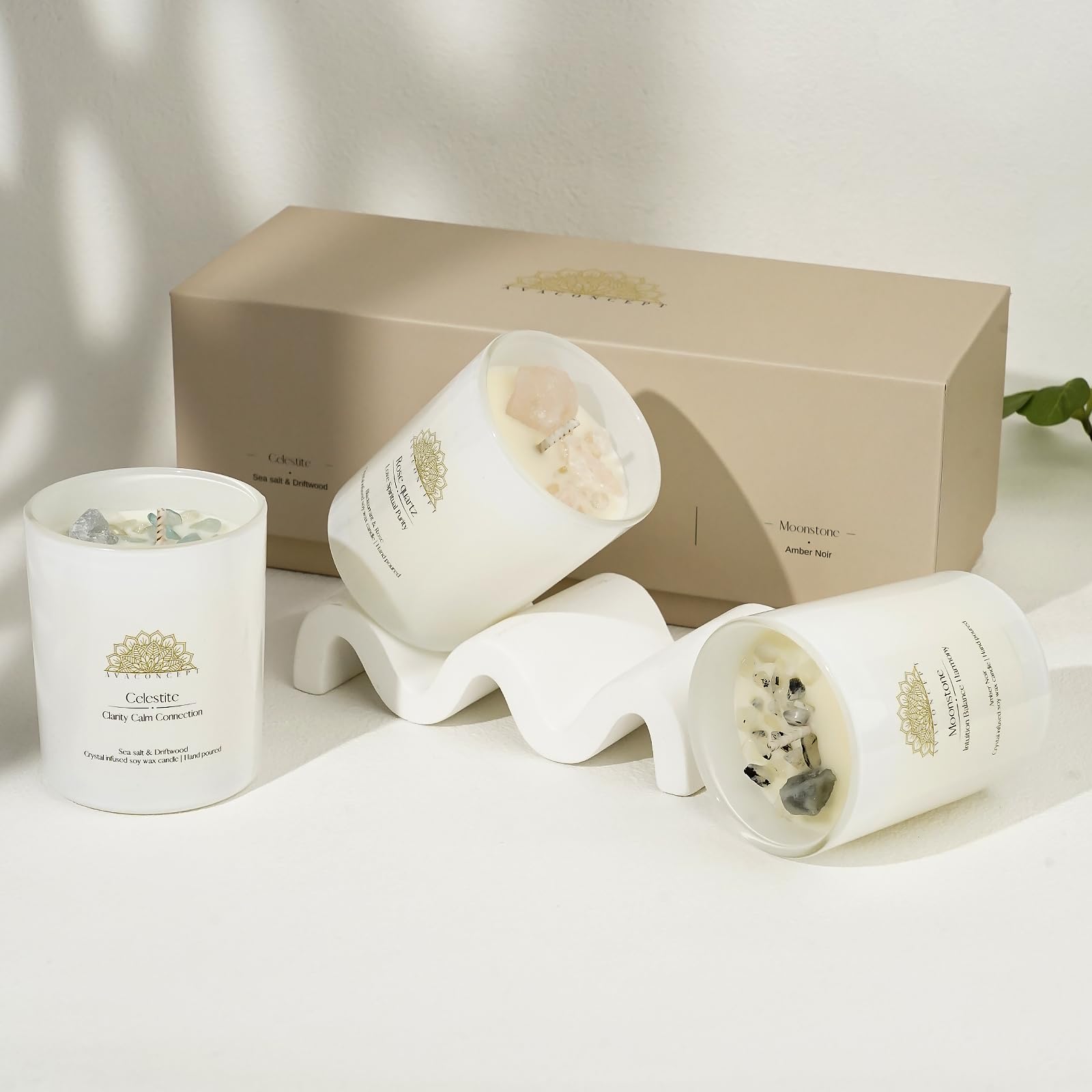 AVACONCEPT Crystal Infused Soy Wax Candle Gift Set Aromatherapy Scented Candles with Healing Crystals Natural Hand-Poured Luxury for Relaxation & Home Décor (Sunstone & Amethyst & Amazonite)