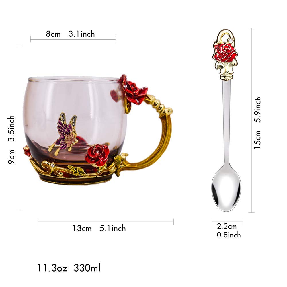 Luka Tech Enamel flower Lead-free Glass Coffee Mugs Tea Cup with Steel Spoon, Best Birthday Gifts For Women Wife Mom Friends Mothers Valentines Day Christmas (Purple-Tall)