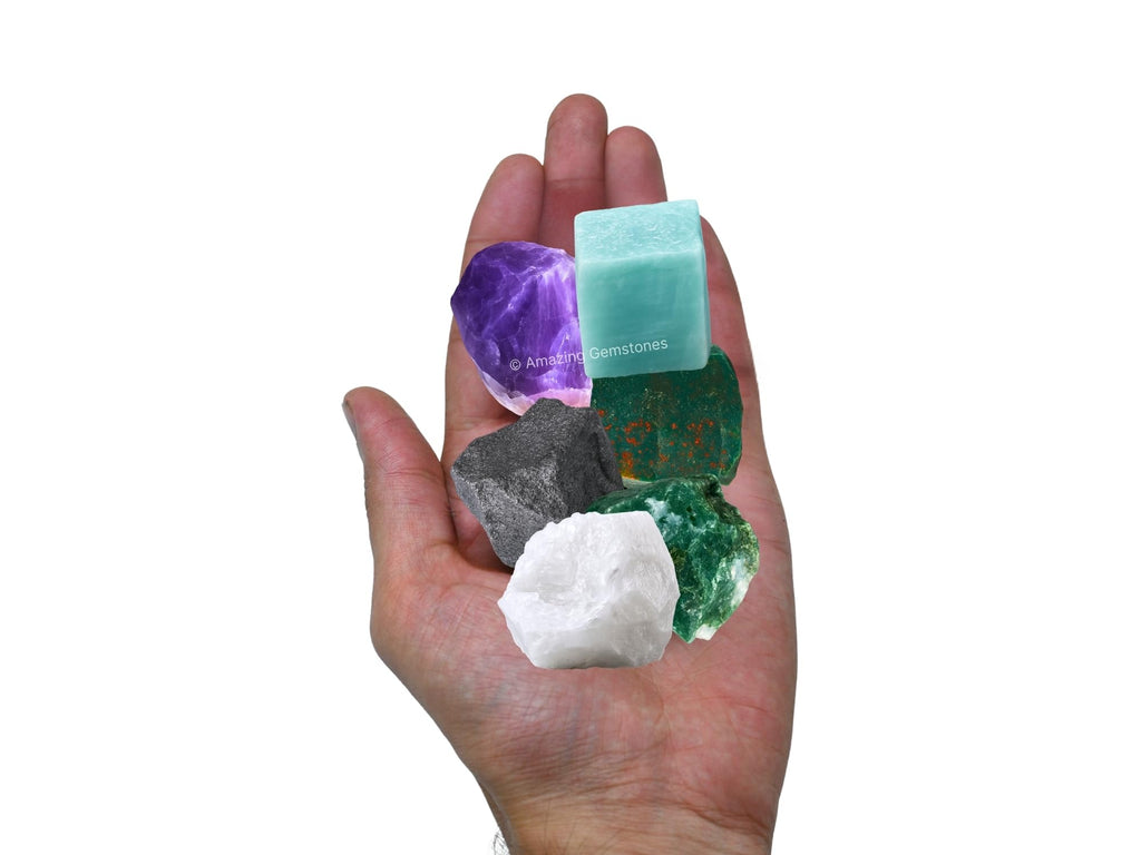 Amazing Gemstone Crystals for House Protection Manifestation, Set of 6 Amethyst, Scolecite, Shungite, Black Tourmaline, Selenite and Moss Agate Healing Crystals and Stones