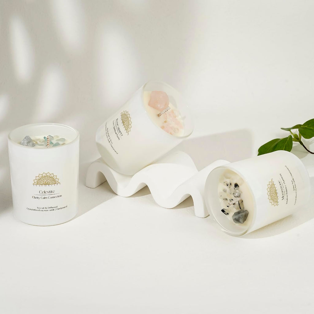 AVACONCEPT Crystal Infused Soy Wax Candle Gift Set Aromatherapy Scented Candles with Healing Crystals Natural Hand-Poured Luxury for Relaxation & Home Décor (Sunstone & Amethyst & Amazonite)