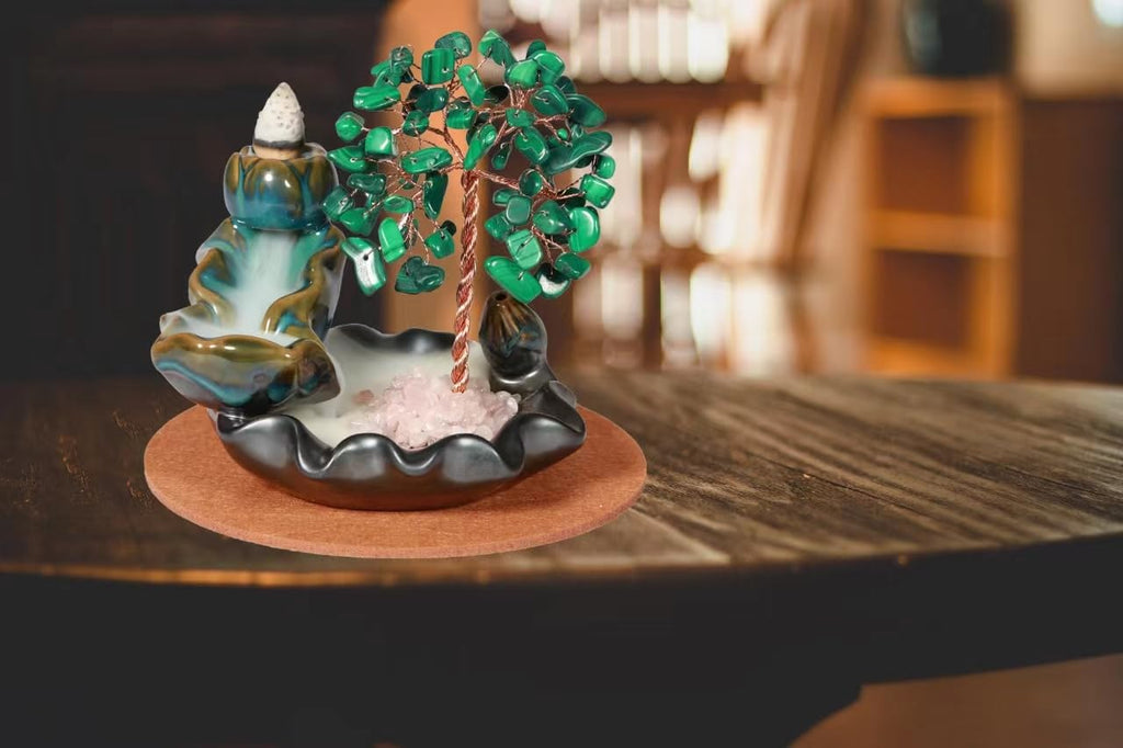 Waterfall Burner, Crystal Tree Backflow Incense Holder, with 30 Incense Cones, 30 Incense Stick, 1 Healing Crystal Necklace, Aromatherapy Anxiety Relief Items, Mom Gifts for Christmas