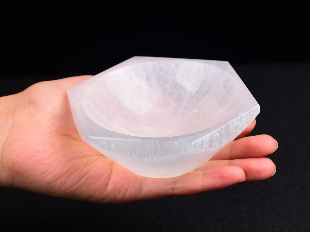 AMOYSTONE Natural Selenite Charging Bowl with Mandala Engraving 3.5-4'' Energy Cleansing Crystal Plate for Healing Meditation and Spiritual Home Decor