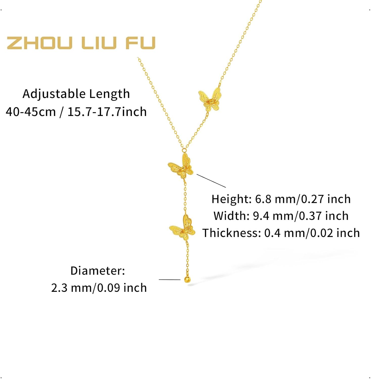 ZHOU LIU FU 18K Yellow Gold Y Shape Pendant Necklaces Butterfly Necklace Gold Pendants Three Butterflys Pendant Lively Jewelry for Women Her Gifts Birthday Anniversary 40+5cm/15.7-17.7" C0616296