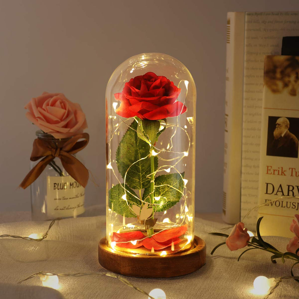 Valentine's Day Gifts for her, Eternal Rose in Glass Dome - Beauty and The Beast Inspired Keepsake, Gifts for Mom/Wife/Grandma, Preserved Roses with LED Light for Birthday/Anniversary
