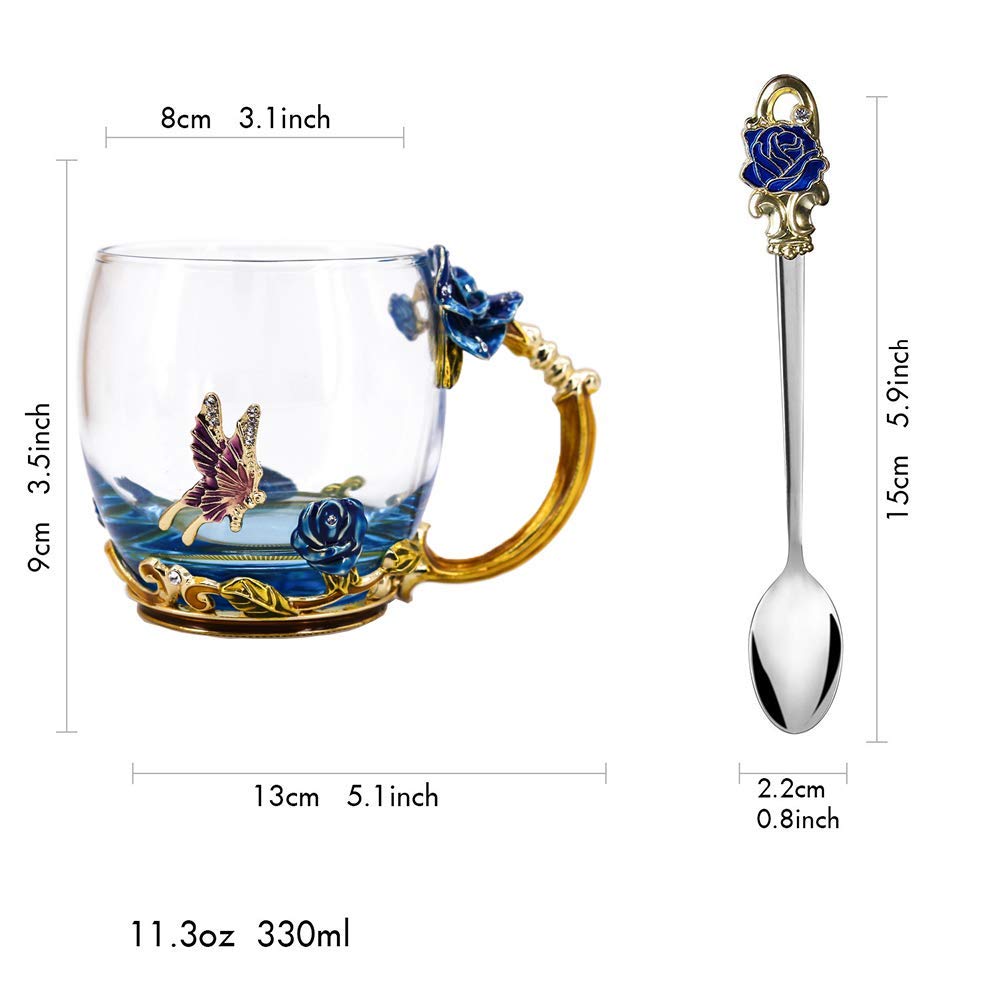 Luka Tech Enamel flower Lead-free Glass Coffee Mugs Tea Cup with Steel Spoon, Best Birthday Gifts For Women Wife Mom Friends Mothers Valentines Day Christmas (Purple-Tall)