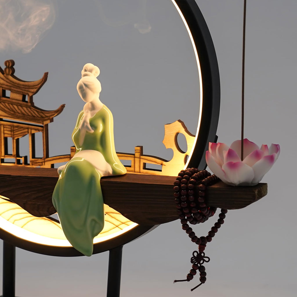 Backflow Incense Holder, Ceramic Incense Burner with Adjustable LED Light, Chinese Style Ornament Incense Holders with Backflow for Relaxing and Home Decor