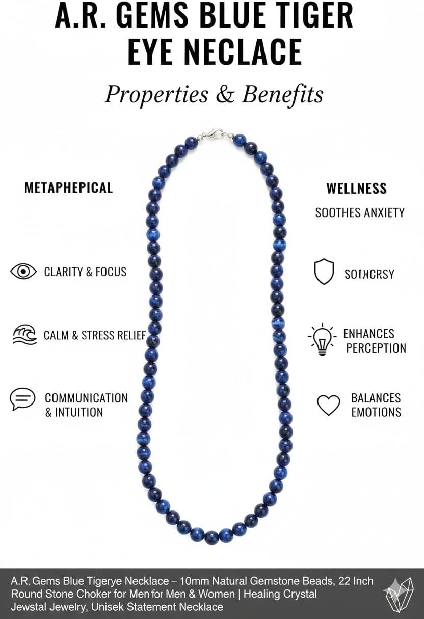 Blue Tiger Eye Necklace – 10mm Natural Gemstone Beads | 22 Inch Handmade Round Stone Choker for Men & Women | Healing Crystal Jewelry, Energy Protection, Festive Gift & Unisex Statement Necklace